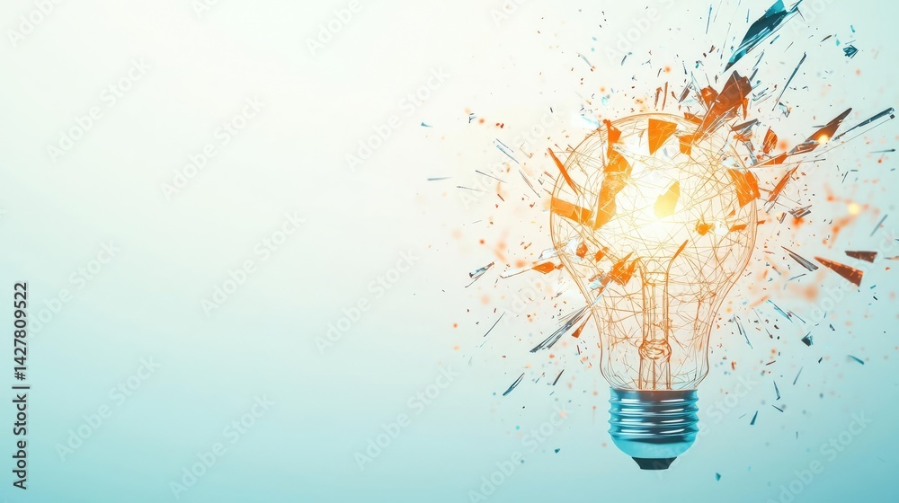 Poster Explosion of lightbulb with creative invention impact concept. A broken light bulb displaying sparks and creativity.