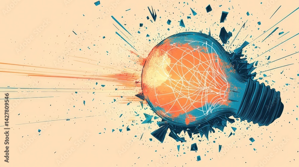 Poster explosion of lightbulb with creative invention impact concept. abstract illustration of a broken lig