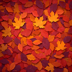 Fototapeta premium Vibrant Overhead Flat Lay of Colorful Autumn Leaves in Shades of Red, Orange, and Yellow Creating a Rich Textured Background