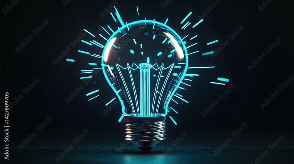 Poster Explosion of lightbulb with creative invention impact concept. Illuminated light bulb with a glowing effect on a dark background.