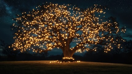 an image of a tree lit up at night with stars in the sky above it
