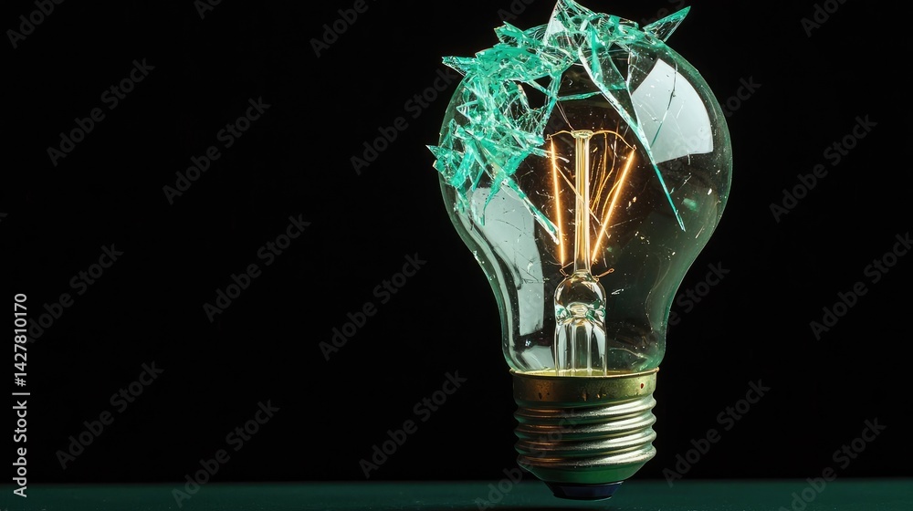 Poster explosion of lightbulb showing filament and invention concept. a shattered light bulb showcasing cre