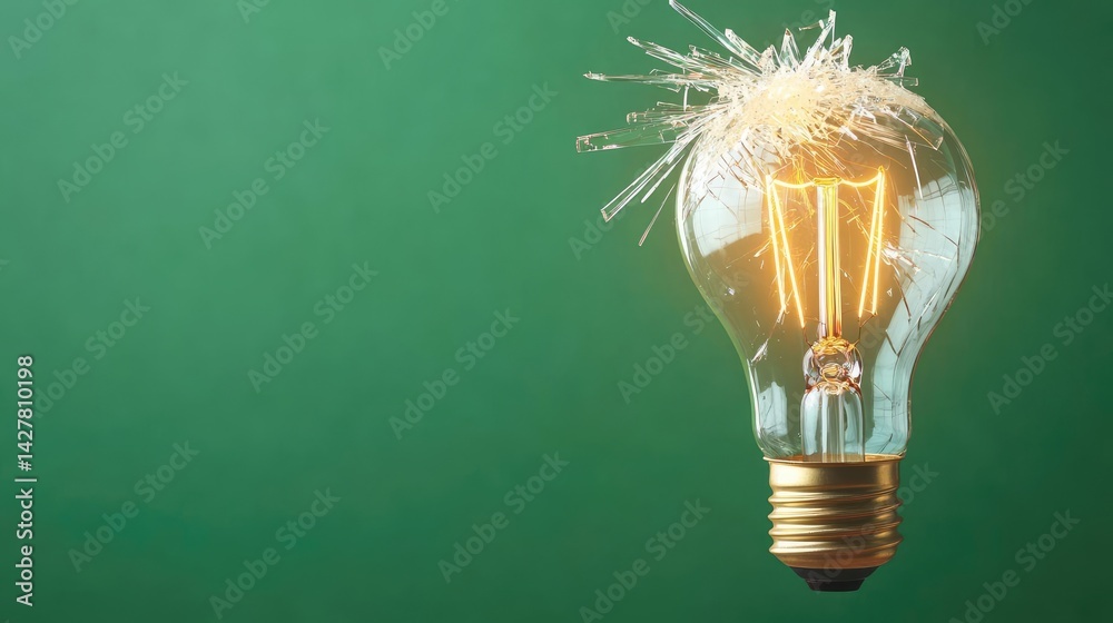 Aufkleber Explosion of lightbulb showing filament and invention concept. A glowing light bulb sparking with creativity on a green background.