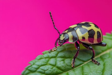 Close-up view of a colorful ladybug on a mint leaf.