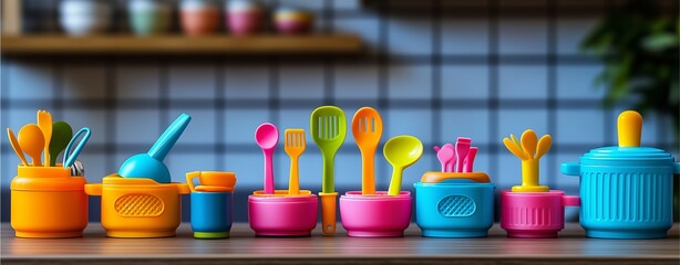 Toy kitchen set with mini utensils, vibrant colors, realistic scale