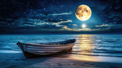 A serene night scene depicting a wooden rowboat resting on the shore