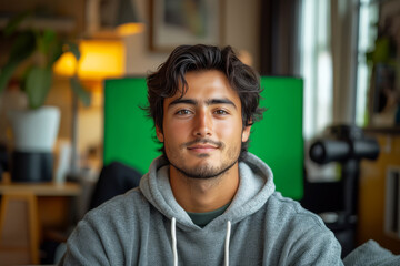 Obraz premium A young Latin American man is focused on recording a tutorial in his home studio. Surrounded by a vibrant green screen and combining natural and studio lights, he creates engaging content
