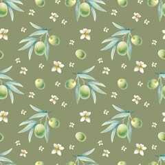 Olive branches with leaves, fruits and flowers watercolor seamless pattern on dark olive color. Hand drawn botanical illustration with green olives for organic food and natural cosmetic packaging.