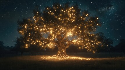 an image of a tree lit up at night with stars in the sky above it