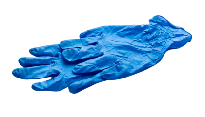 Medical examination gloves, spread out and laid flat isolated on solid white background in Png format