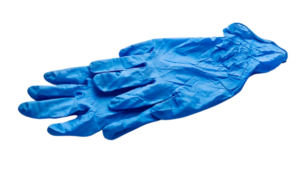 Medical examination gloves, spread out and laid flat isolated on solid white background in Png format