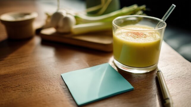 Refreshing drink and notepad with a sticky note featuring a wellness quote for daily motivation and healthy living