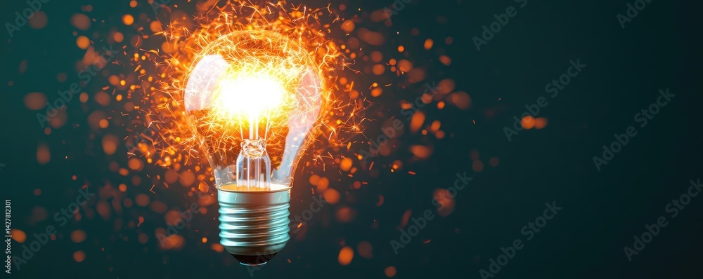 Poster explosion of lightbulb in electric high-speed burst concept. a glowing light bulb emitting sparks in