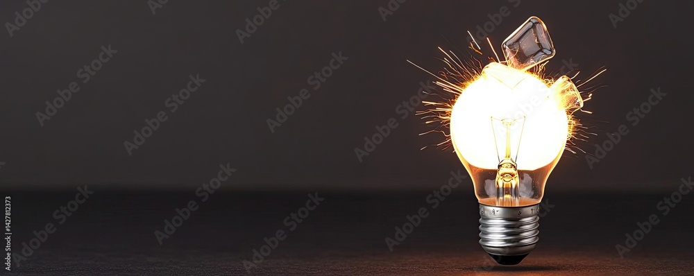 Poster explosion of lightbulb in electric high-speed burst concept. dynamic light bulb emitting sparks, sym