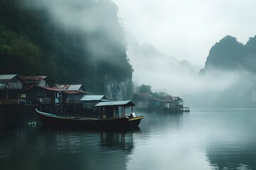Fototapeta premium Calm Waters and a Fishing Boat Beside a Quiet Coastal Town