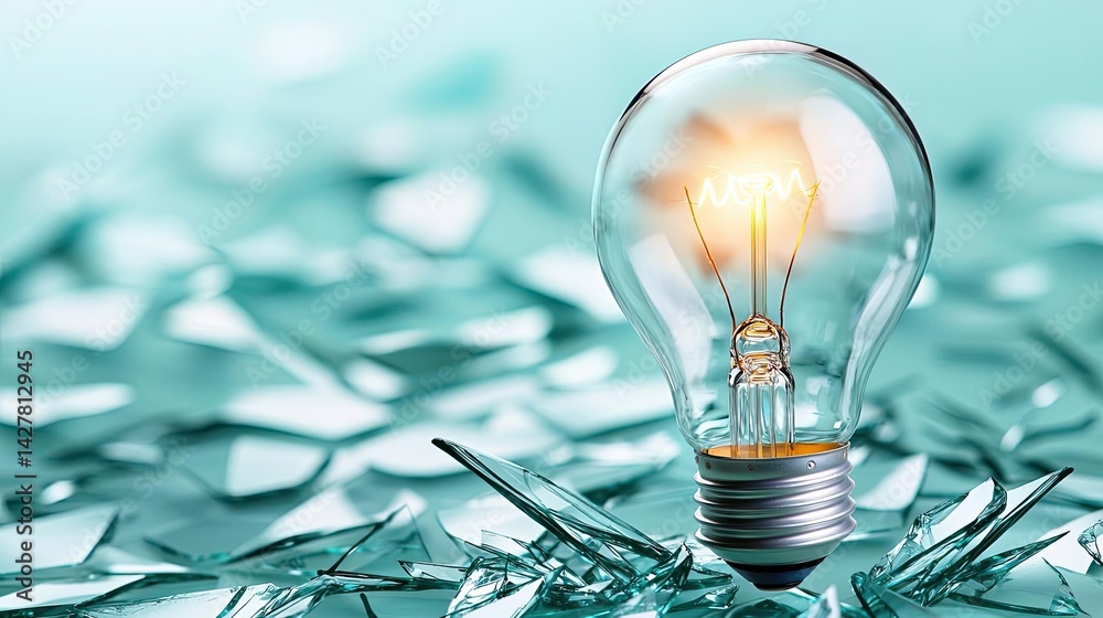 Poster explosion of lightbulb showing filament and invention concept. a glowing light bulb on shattered gla