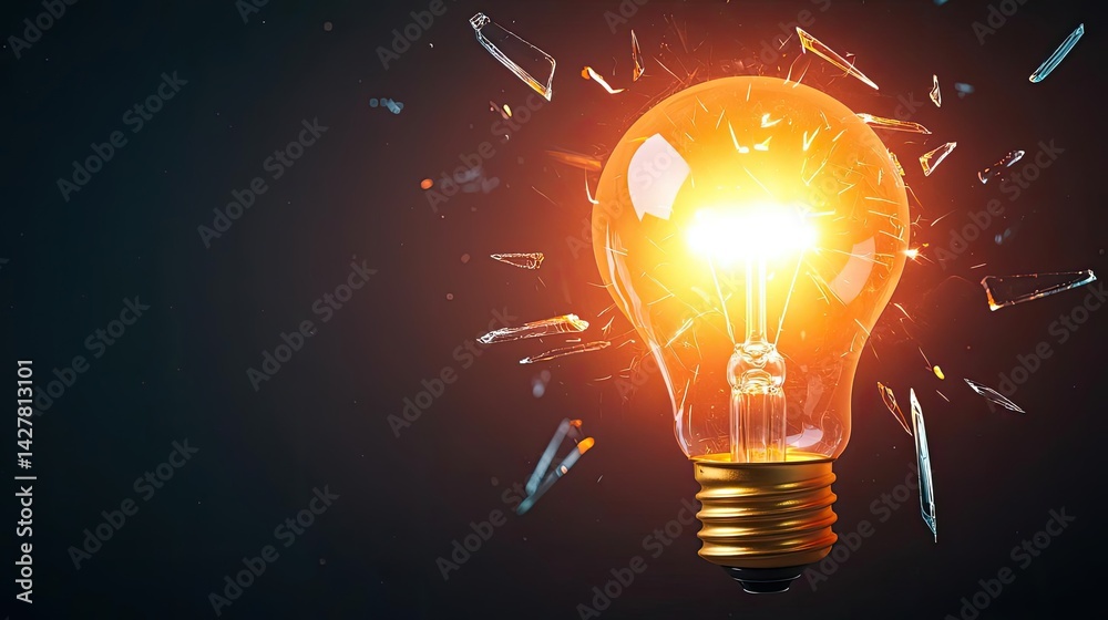 Poster Explosion of lightbulb showing filament and invention concept. Bright light bulb shattering with sparks flying in dark background.