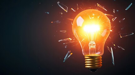 Explosion of lightbulb showing filament and invention concept. Bright light bulb shattering with sparks flying in dark background.