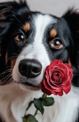 A cute border collie dog holding a red rose in its mouth against a white background, a happy Valentine's Day concept. 
