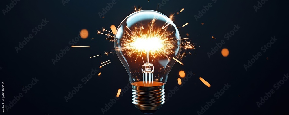 Poster Explosion of lightbulb showing filament and invention concept. A glowing light bulb illuminating with sparks, symbolizing ideas.