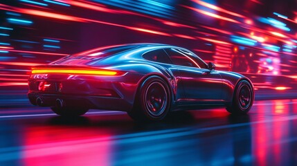 sleek neon-glow sports car racing through vibrant city lights at night