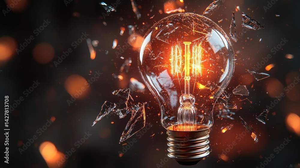 Leinwandbilder explosion of lightbulb showing filament and invention concept. a shattered light bulb illuminating a