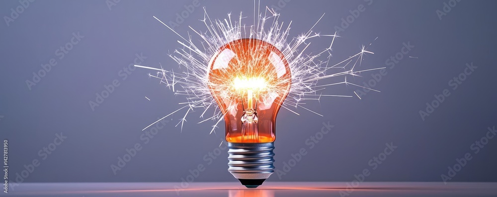 Poster explosion of lightbulb showing filament and invention concept. bright light bulb emitting sparks, sy