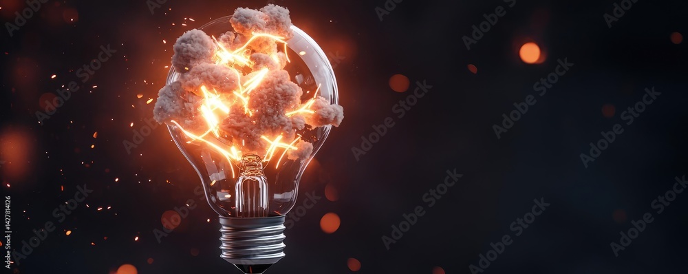 Poster explosion of lightbulb with creative invention impact concept. a glowing light bulb exploding with b