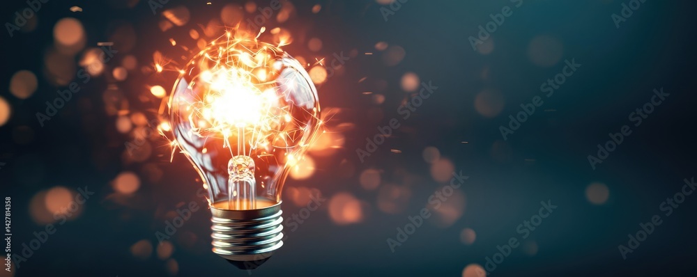 Poster Explosion of lightbulb showing filament and invention concept. A glowing light bulb bursting with energy and creativity.