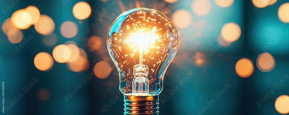 Poster Explosion of lightbulb showing filament and invention concept. Bright light bulb illuminating a colorful background.