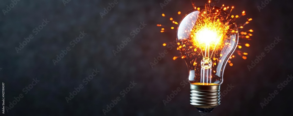 Poster Explosion of lightbulb showing filament and invention concept. A glowing light bulb emitting sparks on a dark background.