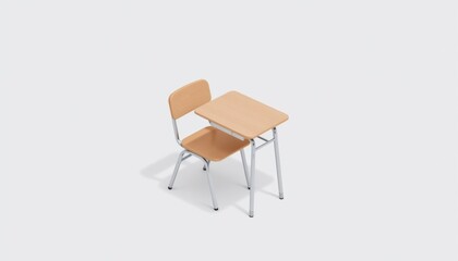 Wooden desk and chair on a light background.