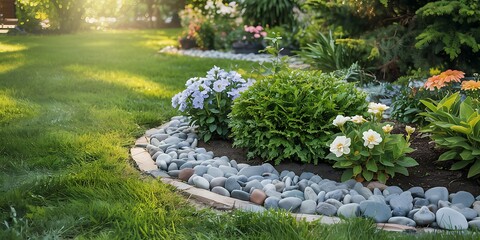 Obraz premium Beautiful garden design with blooming flowers and lush green lawn. Sunlight streams through the trees creating a warm ambiance