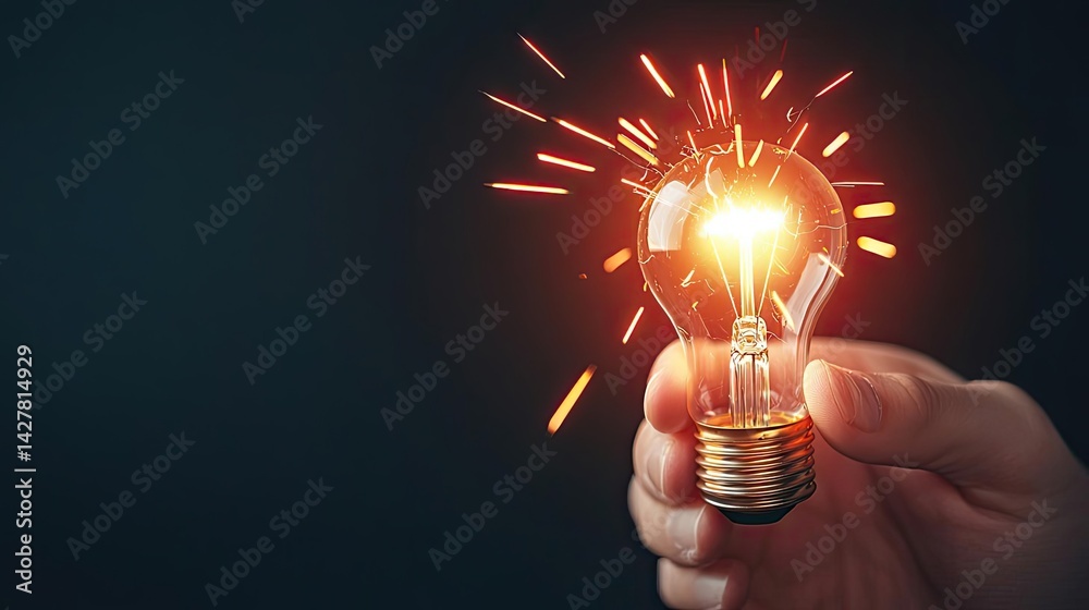 Poster explosion of lightbulb showing filament and invention concept. a hand holding a glowing light bulb w