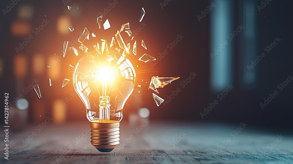 Poster Explosion of lightbulb showing filament and invention concept. A shattered light bulb emitting bright light in a dark setting.