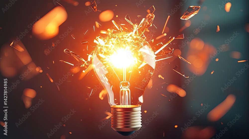 Poster explosion of lightbulb showing filament and invention concept. a shattered light bulb emits bright s