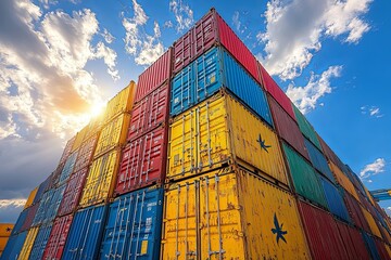 Fototapeta premium Stacked containers showcasing international shipping and logistics in the sunlight