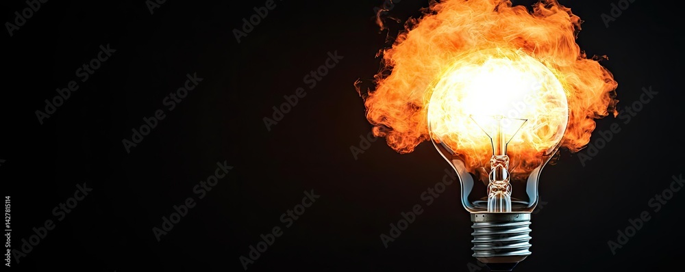 Aufkleber Explosion of lightbulb showing filament and invention concept. A light bulb ignited with flames showcasing energy and creativity.
