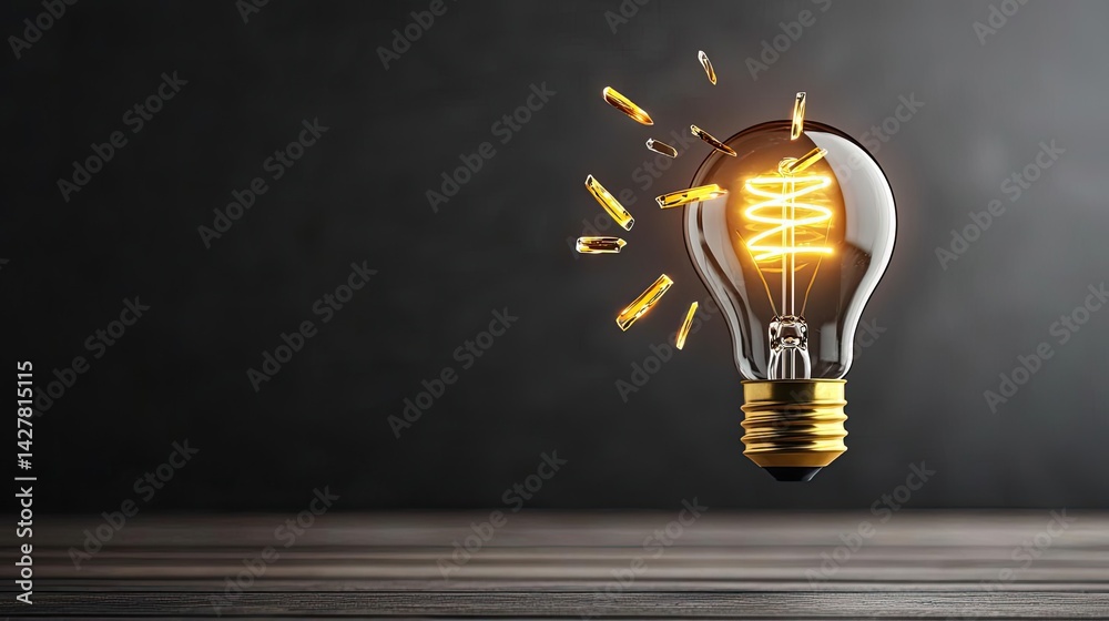 Aufkleber Explosion of lightbulb showing filament and invention concept. Illuminated light bulb glowing in a dark ambiance, symbolizing ideas.