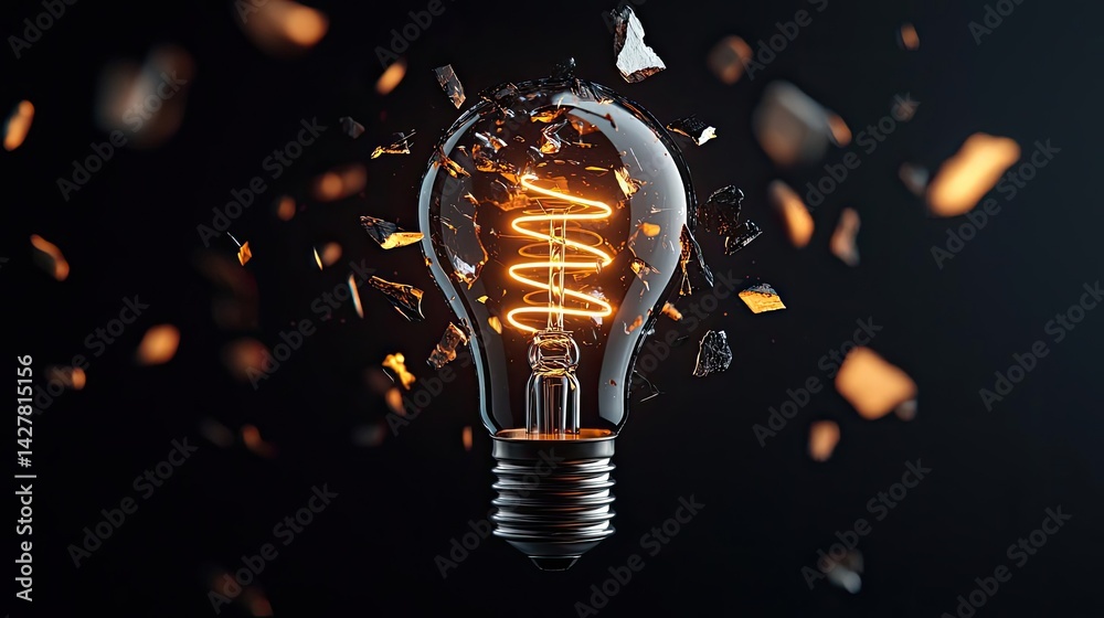 Aufkleber Explosion of lightbulb showing filament and invention concept. A shattered light bulb illuminating creative ideas and innovation.