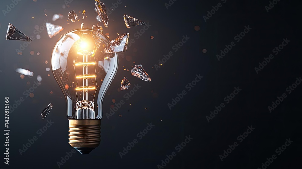 Poster Explosion of lightbulb showing filament and invention concept. A shattered light bulb with glowing filament on a dark background.