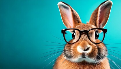 Fototapeta premium Realistic close-up of rabbit face with glasses, soft lighting, bright turquoise solid background
