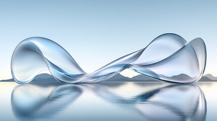 Abstract liquid form over calm water, mountains in soft light