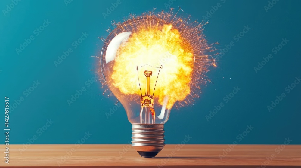 Poster Explosion of lightbulb in electric high-speed burst concept. An exploding light bulb symbolizing innovation and ideas.