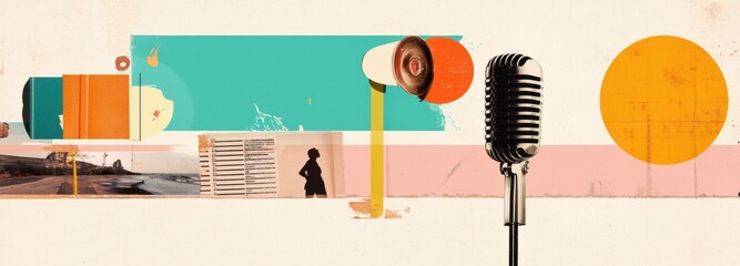 An abstract collage showcases a vintage microphone alongside vibrant shapes and figures, merging nostalgia with modern artistic flair. The composition reflects creativity and musical inspiration