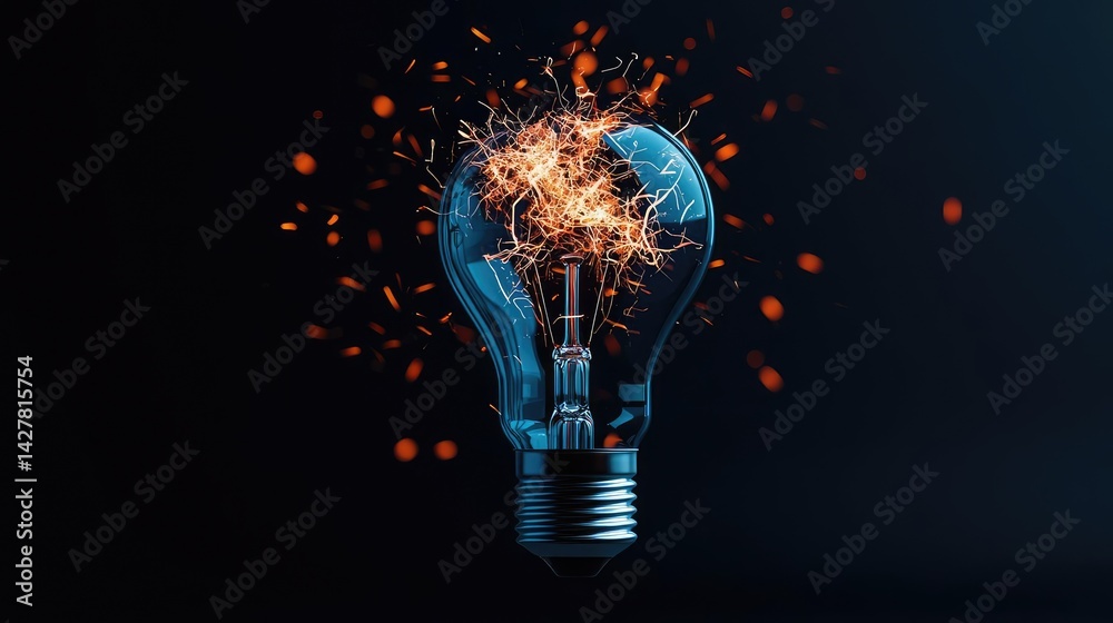 Poster Explosion of lightbulb in electric high-speed burst concept. An illuminated light bulb with creative sparks and glowing elements.