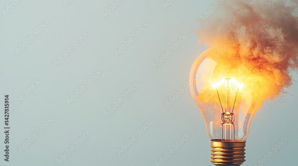 Poster explosion of lightbulb showing filament and invention concept. a glowing light bulb with smoke, symb