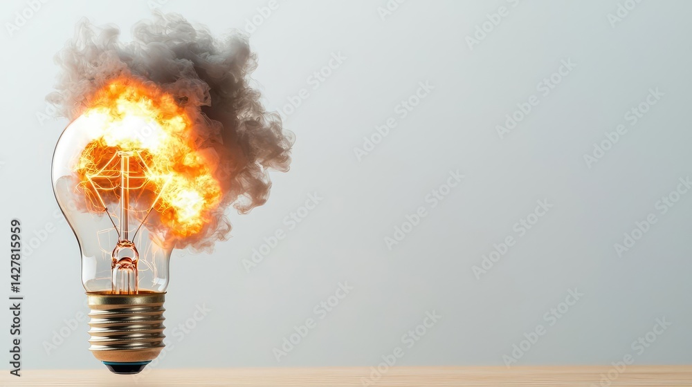 Poster explosion of lightbulb showing filament and invention concept. light bulb ignites, showcasing creati