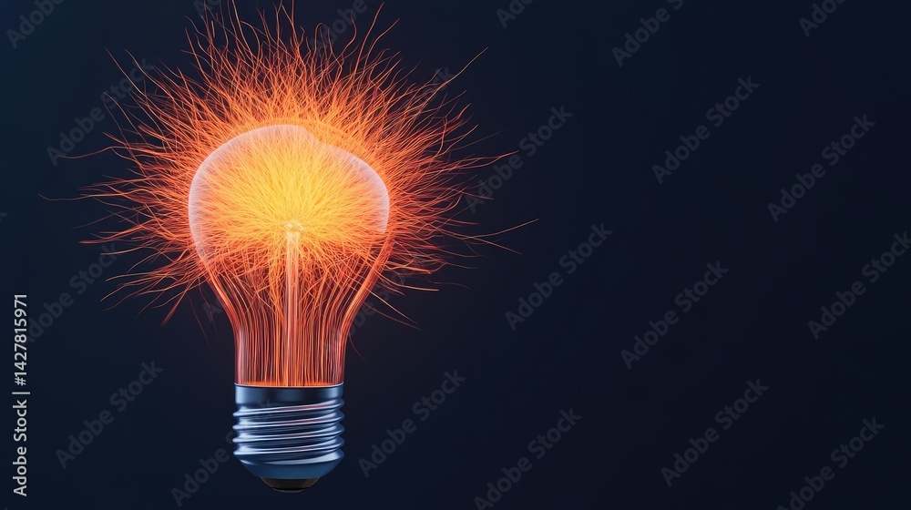 Poster explosion of lightbulb showing filament and invention concept. a glowing light bulb emitting bright 