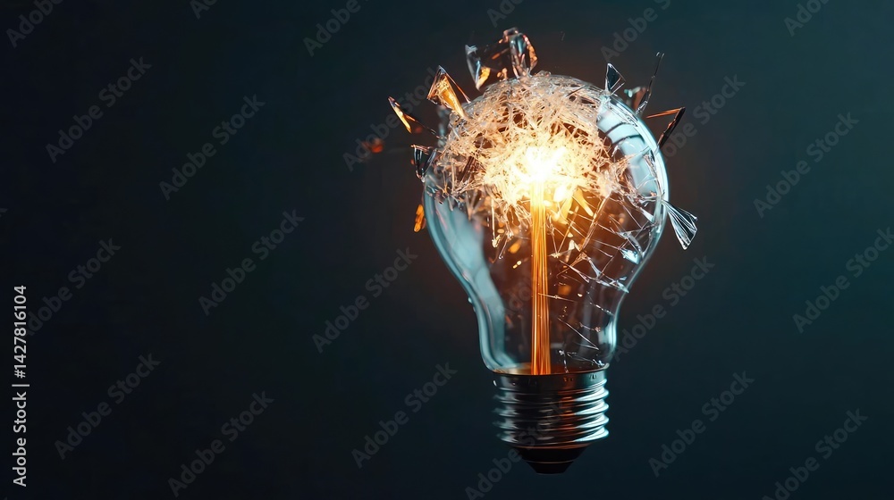 Poster explosion of lightbulb showing filament and invention concept. an exploding light bulb symbolizing i